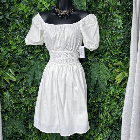 AND NOW‎ THIS Dress Women XS White Off Shoulder Babydoll Smocked Waist 2208 - Picture 7 of 10